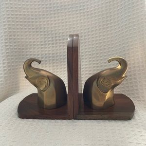 Set of 2 Brass Elephants On Wooden Base Bookends Made In India